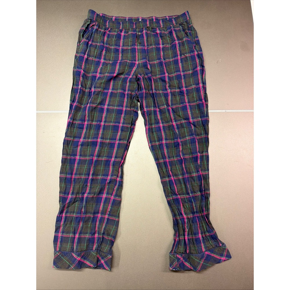 Victorias Secret Pajama Pants Navy Pink Green Plaid Metallic Lurex Large XL